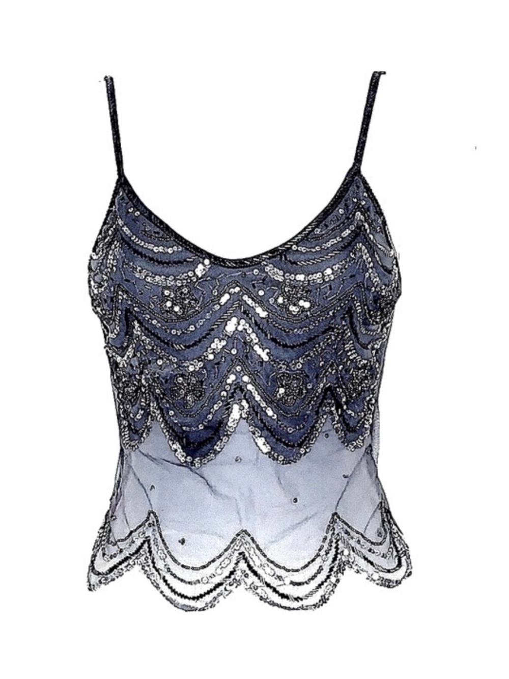 Y2K Bebe Beaded Sequin Mesh Sparkly Camisole Scalloped Top Silver Gray Fairy XS